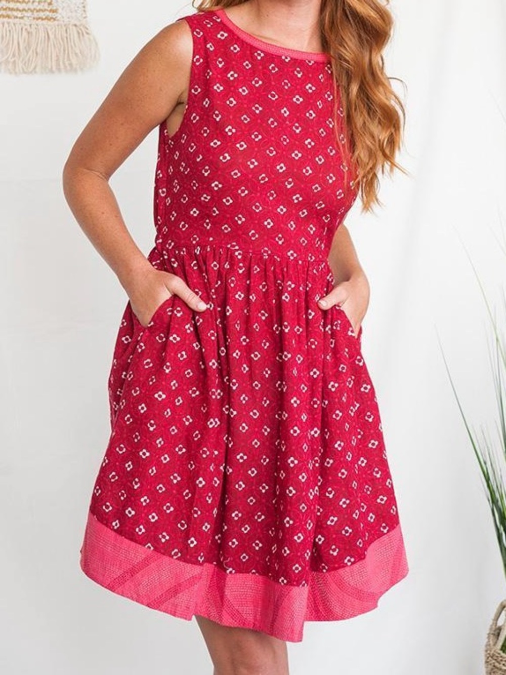 Mata Traders Blockprint Sleeveless Red Dress - 100% Cotton - Red - Small